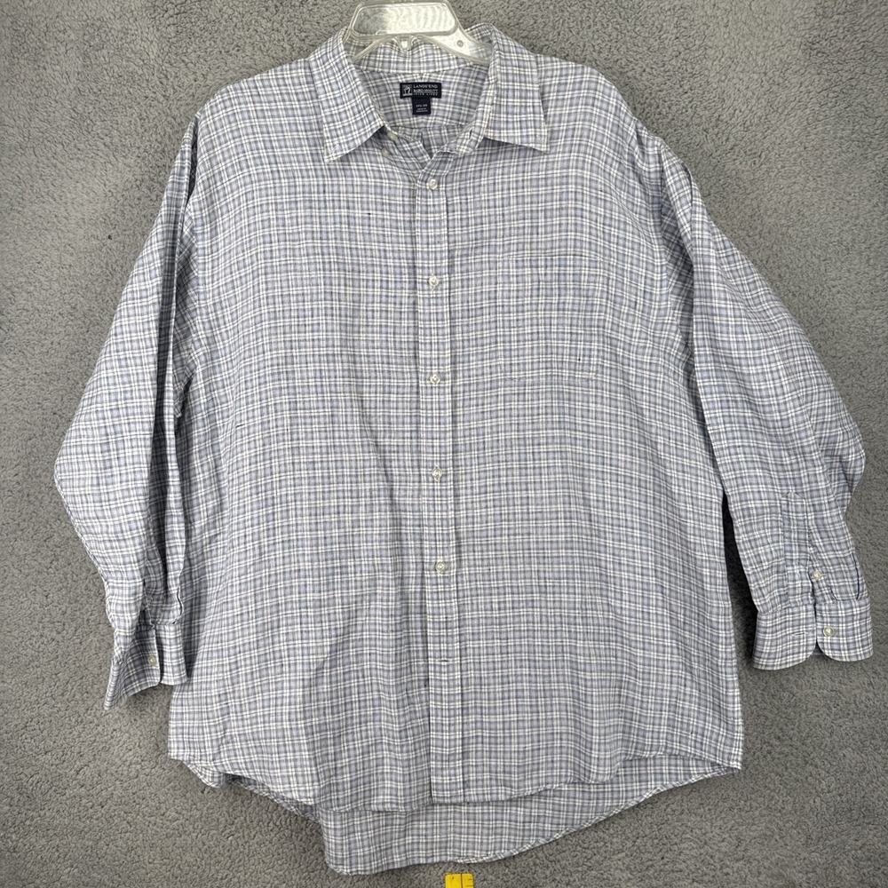 Lands End Baird McNutt Shirt Mens 17.5/ 33 Blue Plaid Irish Linen Button Down